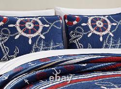 2 Piece Light & Dark Blue White Red Striped Nautical Ships Helms Anchors Sailor
