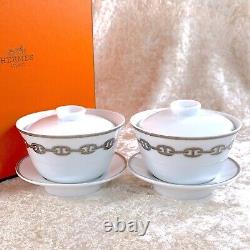 2 Sets x Hermes Tea Cup Saucer with Top Cover Lid CHAINE D'ANCRE PLATINUM withBox