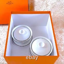 2 Sets x Hermes Tea Cup Saucer with Top Cover Lid CHAINE D'ANCRE PLATINUM withBox