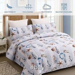 3 Pcs Coastal Quilt Set Queen Size Summer Nautical Beach Theme Quilted Blan