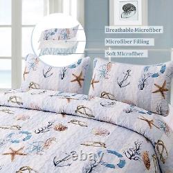 3 Pcs Coastal Quilt Set Queen Size Summer Nautical Beach Theme Quilted Blan