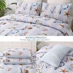 3 Pcs Coastal Quilt Set Queen Size Summer Nautical Beach Theme Quilted Blan