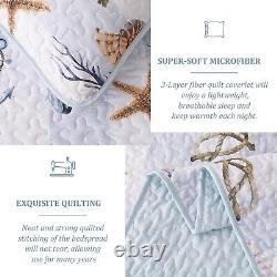 3 Pcs Coastal Quilt Set Queen Size Summer Nautical Beach Theme Quilted Blan