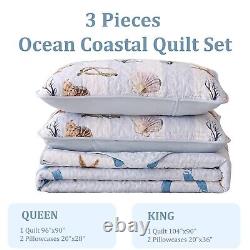 3 Pcs Coastal Quilt Set Queen Size Summer Nautical Beach Theme Quilted Blan