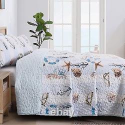 3 Pcs Coastal Quilt Set Queen Size Summer Nautical Beach Theme Quilted Blan