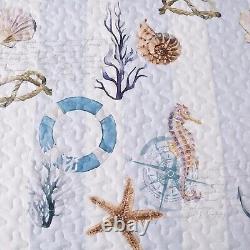 3 Pcs Coastal Quilt Set Queen Size Summer Nautical Beach Theme Quilted Blan