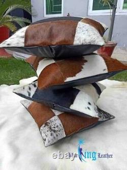 4 X Genuine Cowhide Patchwork Cushion Cover Leather Hairy Cow Hide Skin 16 x 16