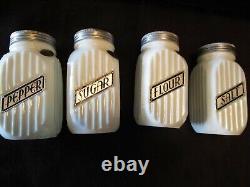 ANCHOR HOCKING Glass range stovetop set 4 Shakers ribbed 1930s 5¼T NOS