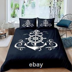 Anchor Bedding Set, Ocean Sailboat Navy Blue Duvet Cover Double Size, Coastal