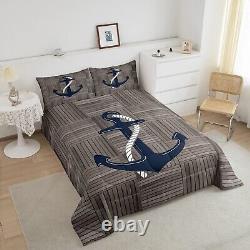 Anchor Comforter Set Queen Size, Wooden Plank Geometric Lattice Patchwork Bedd