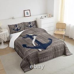 Anchor Comforter Set Queen Size, Wooden Plank Geometric Lattice Patchwork Bedd