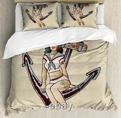 Anchor Duvet Cover Set with Pillow Shams Sailor Pinup Girl Motif Print