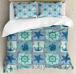 Anchor Duvet Cover Set with Pillow Shams Ships Wheel Turquoise Print