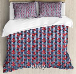 Anchor Duvet Cover Set with Pillow Shams Wavy Stripes 3D Style Print