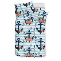 Anchor Flower Blue Stripe Pattern Bedding Set