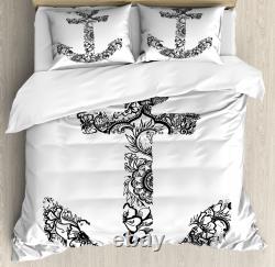 Black White Duvet Cover Set with Pillow Shams Anchor Shape Flower Print