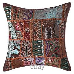 Brown Cotton Cushion Cover Indian Patchwork Embroidered Bedding Sofa Pillows New