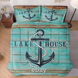 Comforter Set Full Size with 2 Pillowcases, Nautical Anchor Navy Bedding Set