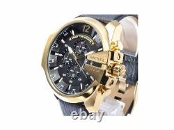 DIESEL Mega Chief DZ4344 Gold Black Leather Chronograph 51mm Men's Watch NEW