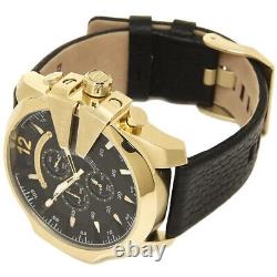 DIESEL Mega Chief DZ4344 Gold Black Leather Chronograph 51mm Men's Watch NEW