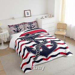 Feelyou Anchor Decor Bedding Set Twin Size Red Navy Blue Stripe Comforter Set