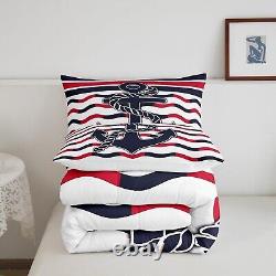 Feelyou Anchor Decor Bedding Set Twin Size Red Navy Blue Stripe Comforter Set