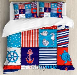 Geometric Duvet Cover Set with Pillow Shams Anchor Helm and Fish Print