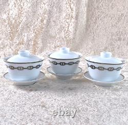 Hermes Tea Cup Saucer with Top Cover Lid CHAINE D'ANCRE PLATINUM x 3 Sets