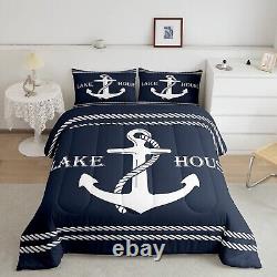 Lake Home Camper Comforter Set King Size, Nautical Anchor Bedding Set for Kids