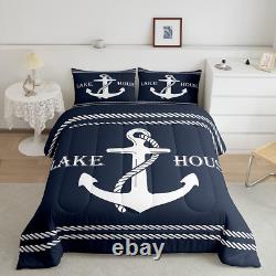 Lake Home Camper Comforter Set Queen Size, Nautical Anchor Bedding Set for Kids