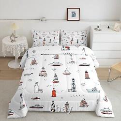 Lighthouse Comforter Set Twin Size, Nautical Anchor and Boat Rudder Quilted Du