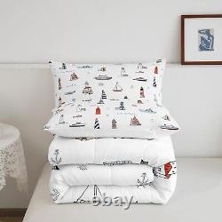 Lighthouse Comforter Set Twin Size, Nautical Anchor and Boat Rudder Quilted Du