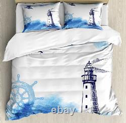 Lighthouse Duvet Cover Set with Pillow Shams Handdrawn Art Anchor Print