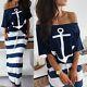 Nautical Long Navy Stripe Skirt & Anchor Top Shirt Beach Set Cover Up M