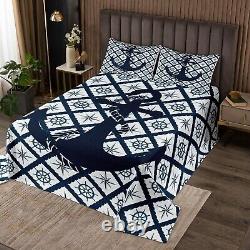 Nautical Anchor Bedding Set, Navy Blue Geometric Plaid Quilt Set, Vintage Far