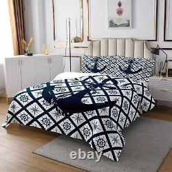 Nautical Anchor Bedding Set, Navy Blue Geometric Plaid Quilt Set, Vintage Far