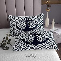 Nautical Anchor Bedding Set, Navy Blue Geometric Plaid Quilt Set, Vintage Far