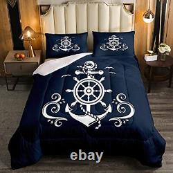 Nautical Anchor Bedding Set, Ocean Sailboat Navy Blue Down Comforter Queen Si