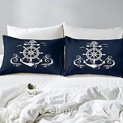 Nautical Anchor Bedding Set, Ocean Sailboat Navy Blue Down Comforter Queen Si