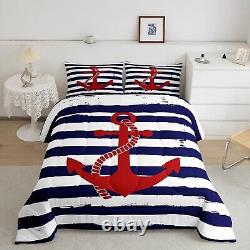 Nautical Anchor Comforter Set Queen, Geometric Stripes Duvet Insert Ocean Adve