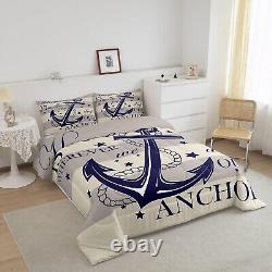 Nautical Anchor Comforter Set Queen Size, Blue And White Bedding Set for Kids