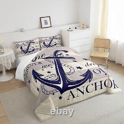 Nautical Anchor Comforter Set Queen Size, Blue And White Bedding Set for Kids