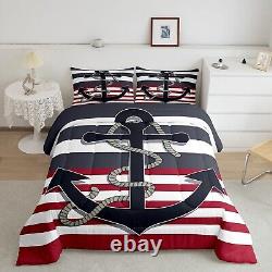 Nautical Anchor Comforter Set Twin Size, Black Red Stripes Bedding Set 2pcs fo