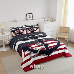 Nautical Anchor Comforter Set Twin Size, Black Red Stripes Bedding Set 2pcs fo