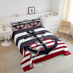 Nautical Anchor Comforter Set Twin Size, Black Red Stripes Bedding Set 2pcs fo