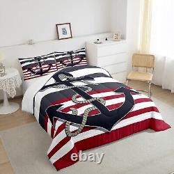 Nautical Anchor Comforter Set Twin Size, Black Red Stripes Bedding Set 2pcs fo