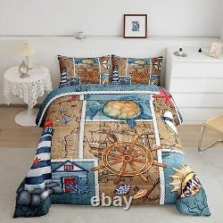 Nautical Anchor Rudder Comforter Set King Size, Island Lighthouse Cabin Beddin