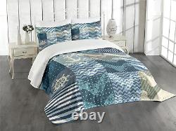 Nautical Bedspread, Marine Theme Wave Patterns in Patchwork Style Boxes Squares