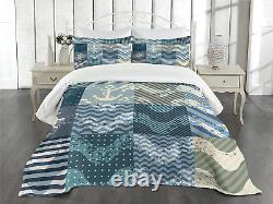Nautical Bedspread, Marine Theme Wave Patterns in Patchwork Style Boxes Squares