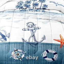 Nautical Comforter Set for Kids and Adults, Queen Size Anchor Rudder Themed